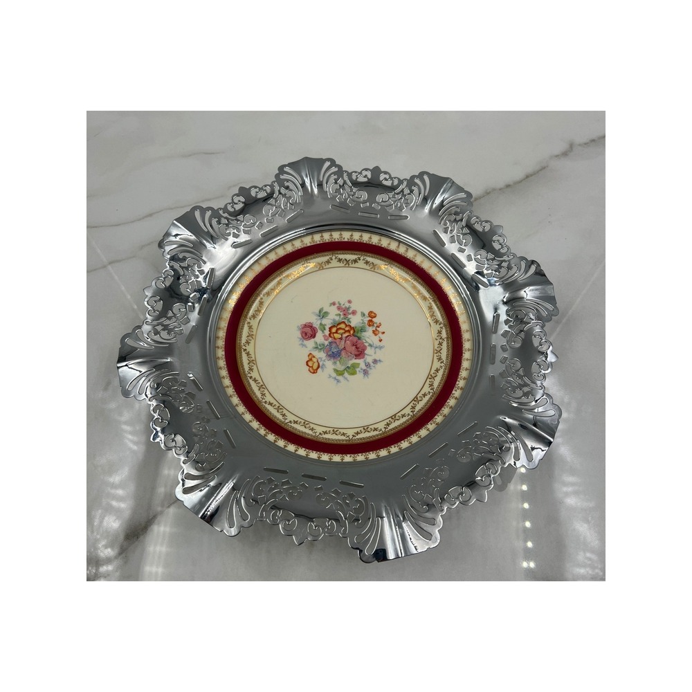 Farber Bros Krome-Kraft Chrome Filigree Plate WS George Floral Porcelain 11.5"